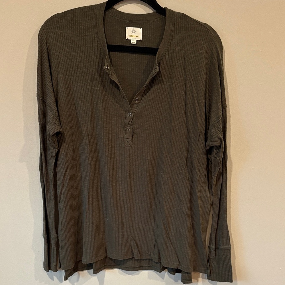 Aerie Olive Long Sleeve Henley Top
